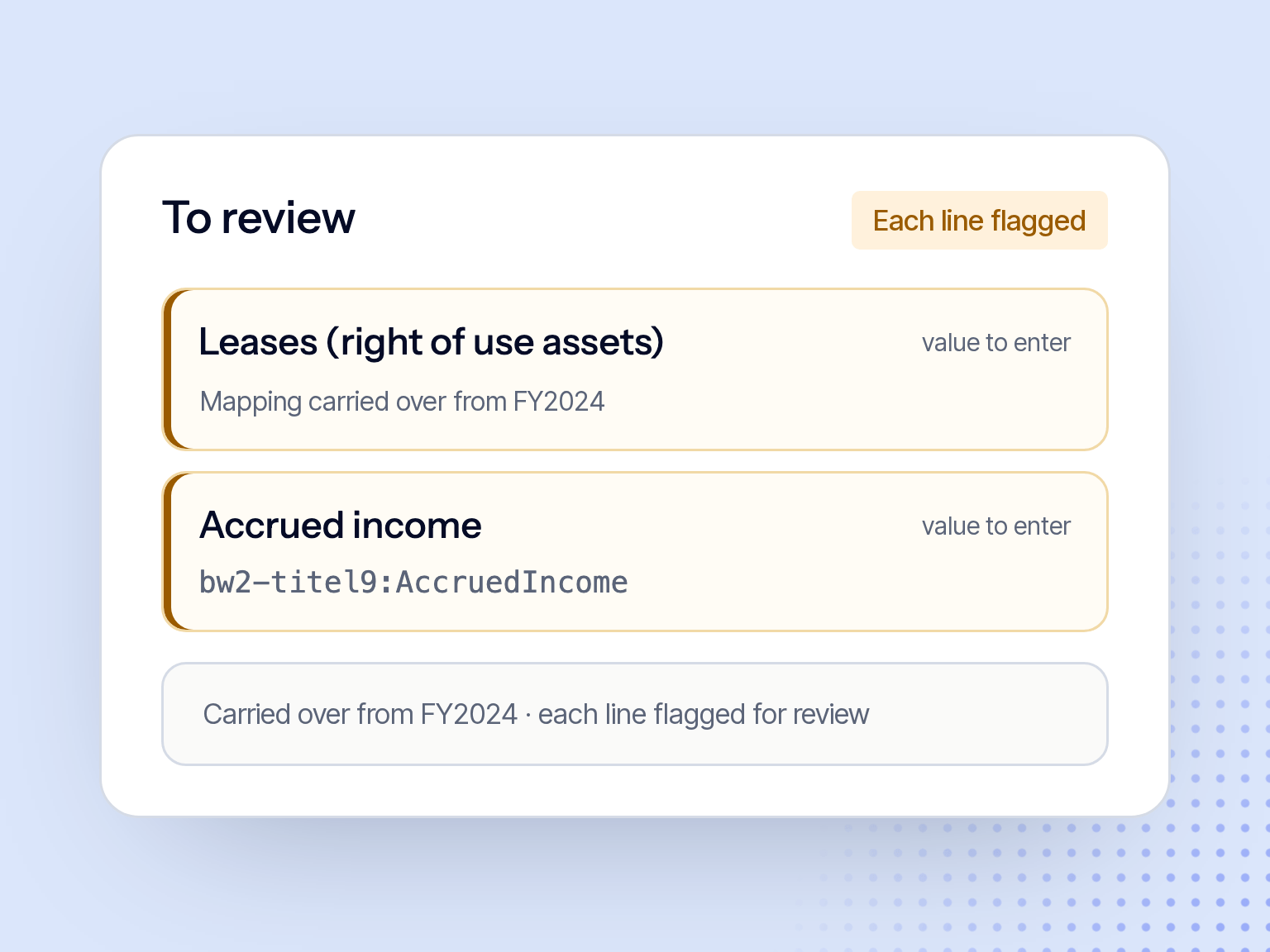 Carried lines to review: Leases (right of use assets) and Accrued income, each flagged, with this year's value to enter