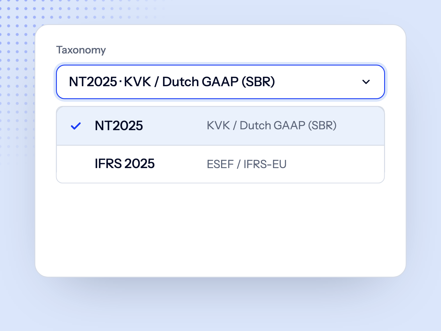 Taxonomy chooser with NT2025 selected