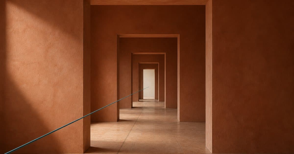 Vier terracotta deuropeningen die versmallen naar een verlicht einde, met één turquoise draad als de gefaseerde iXBRL-route