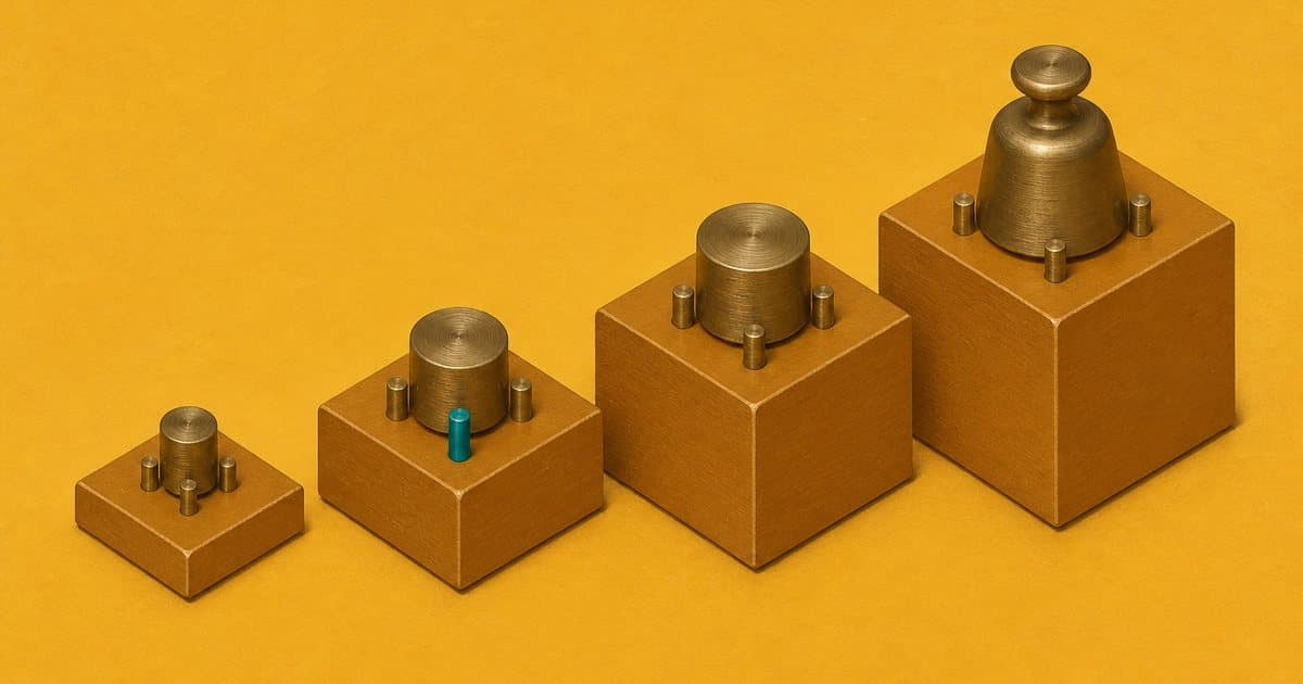 Vier messing gewichten op oplopende sokkels tonen de groottecriteria, met een turquoise pin als net overschreden grens.